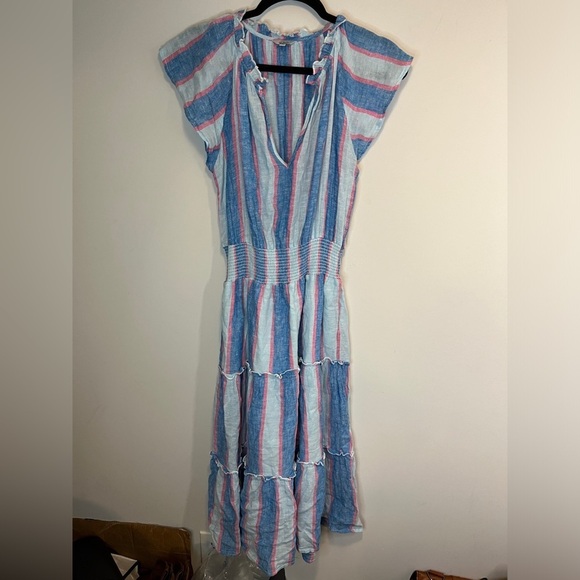 RAILS AMELLIA LINEN-BLEND MIDI BLUE PINK DRESS KONA STRIPE COTTON LINEN TIERED - Picture 7 of 12